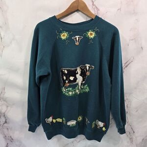 Vintage Sweatshirt Womens Large Green Cow Pig Chickens Farm Upcycled